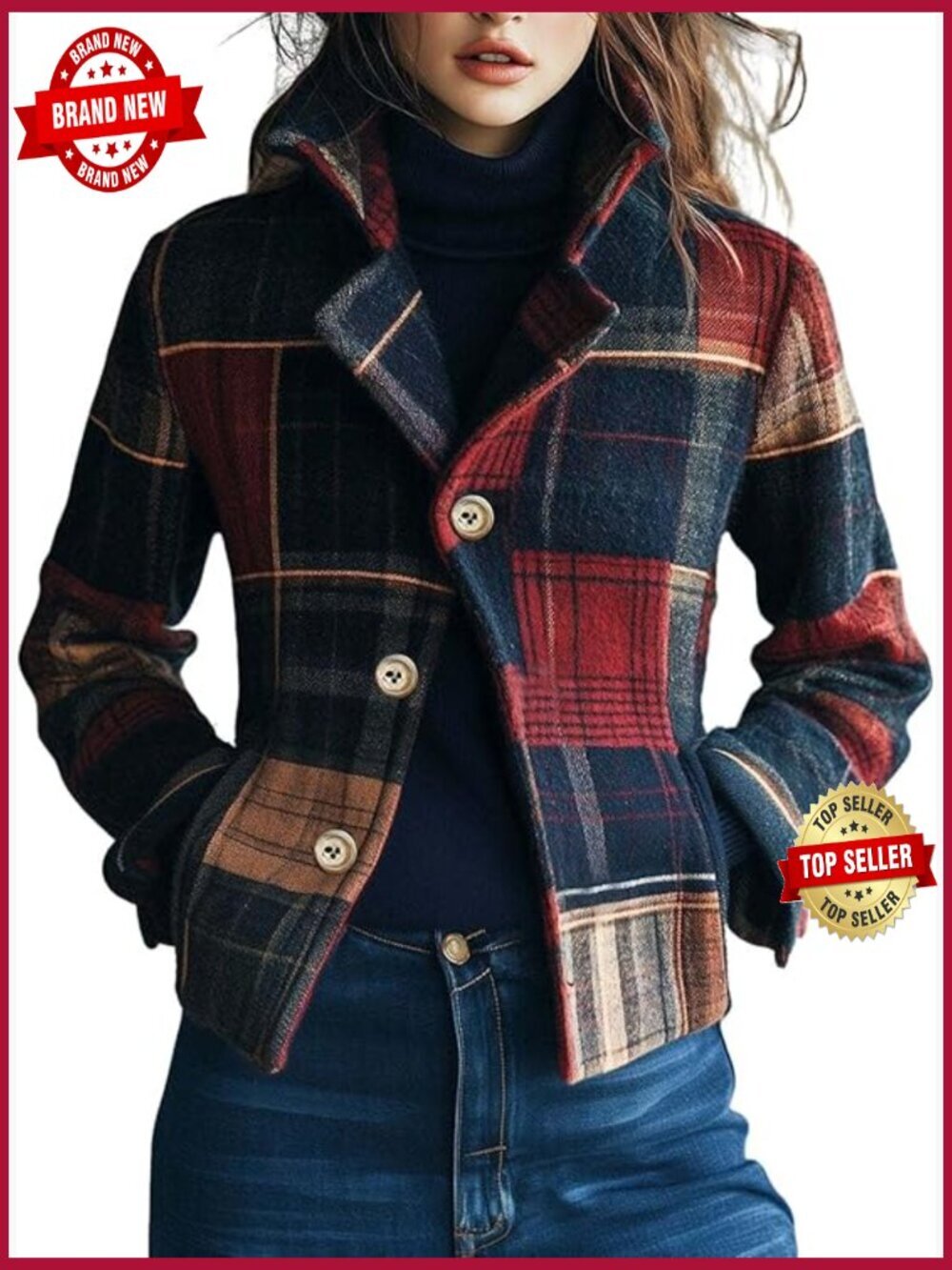 Vintage Plaid Wool Blend Crop Pea Coat Blazer Jacket Women Slim Fit Notch Lapel